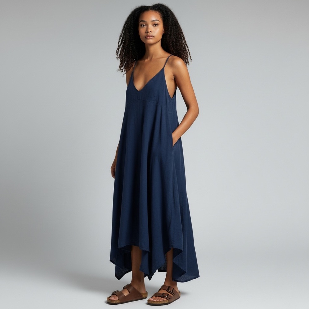 Joe Fresh Navy Linen Blend Maxi Dress with Cross-Strap and open Back - Picture 1 of 10